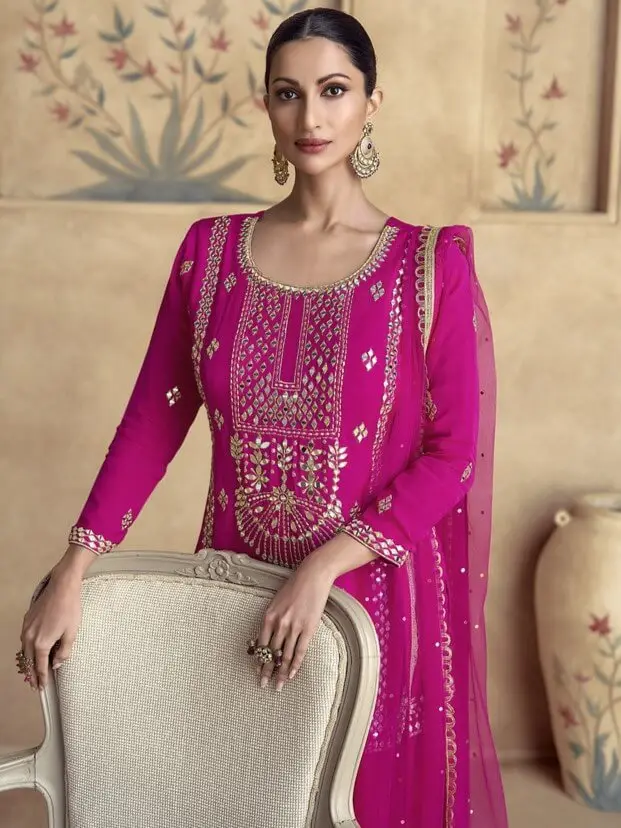 Step Into Fabulous with Magenta Pink Chinnon Silk Embroidered Palazzo Suit Set With Net Dupatta image 3