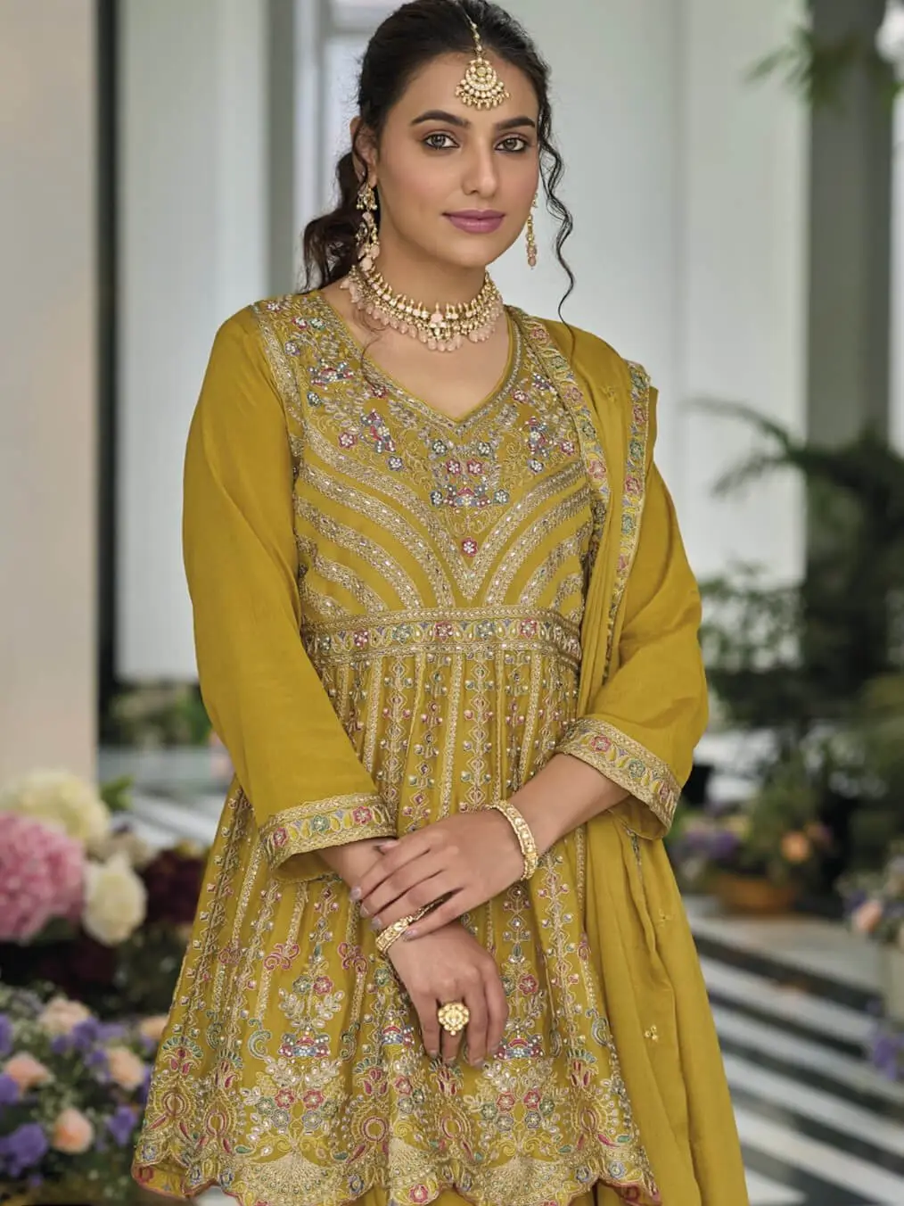 Style It Up with Yellow Chinnon Embroidered Sharara Style Suit Set image 3