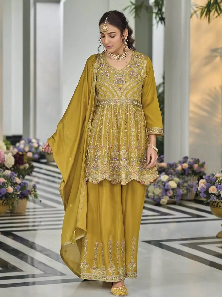 Style It Up with Yellow Chinnon Embroidered Sharara Style Suit Set image 2