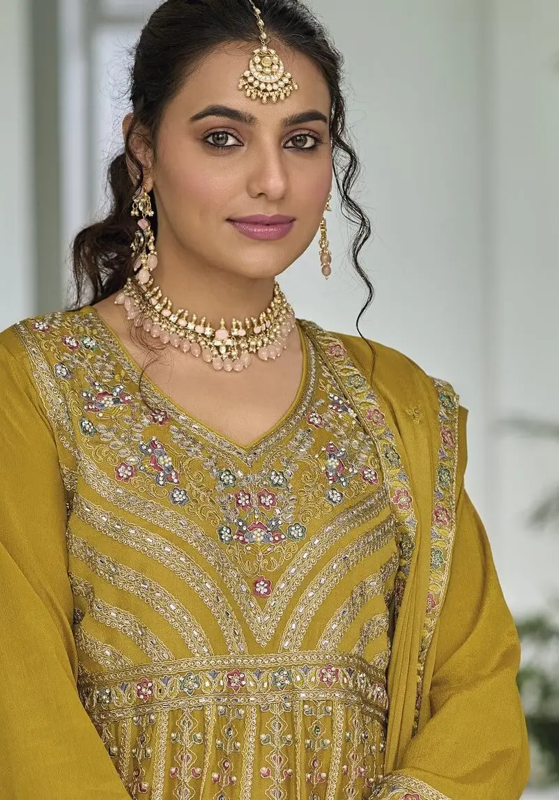 Style It Up with Yellow Chinnon Embroidered Sharara Style Suit Set image 4