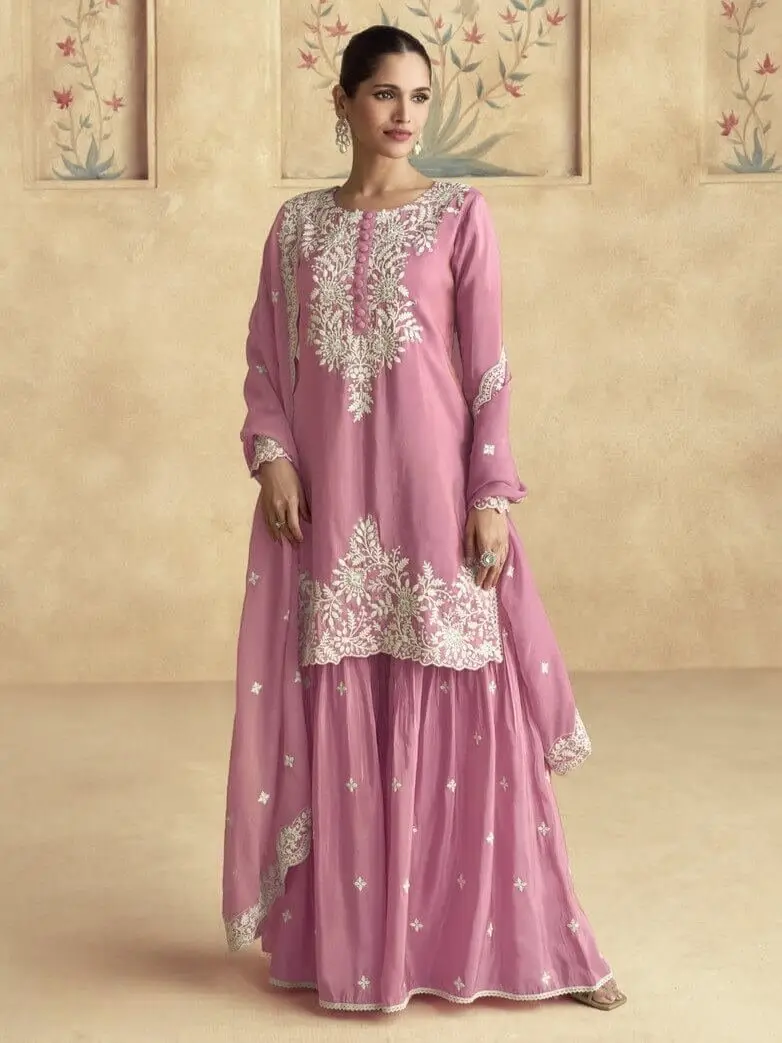 Turn Up the Glam with Rose Pink Simar Silk Embroidered Sharara Suit Set