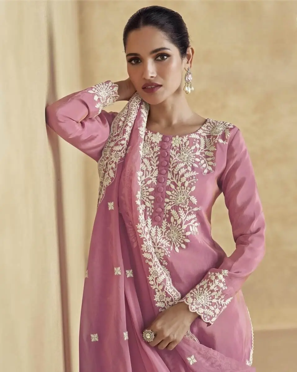 Turn Up the Glam with Rose Pink Simar Silk Embroidered Sharara Suit Set image 4