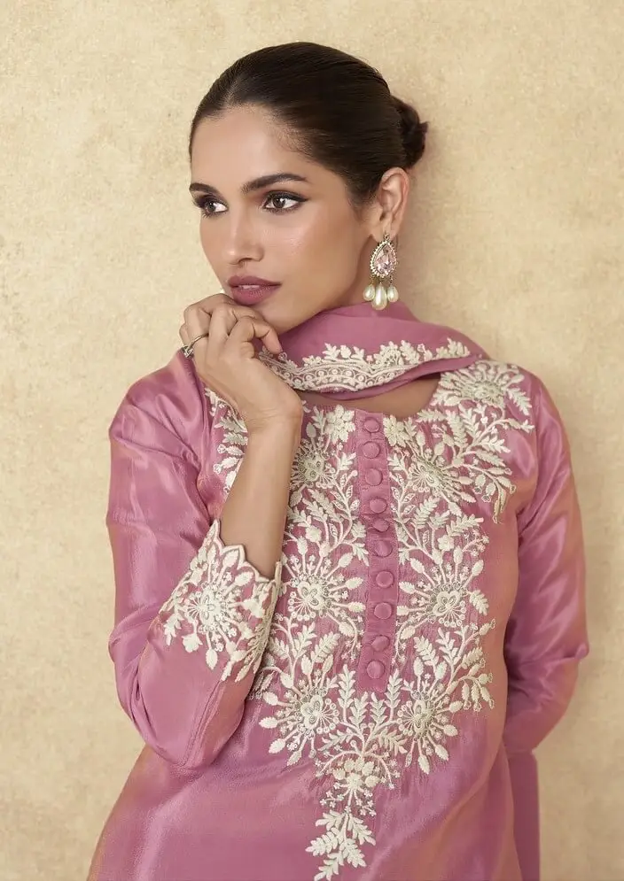 Turn Up the Glam with Rose Pink Simar Silk Embroidered Sharara Suit Set image 3