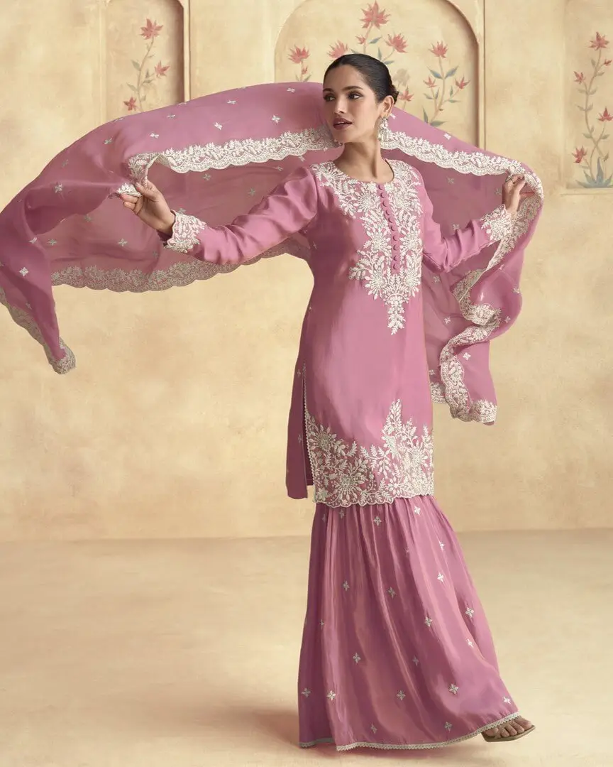 Turn Up the Glam with Rose Pink Simar Silk Embroidered Sharara Suit Set image 2