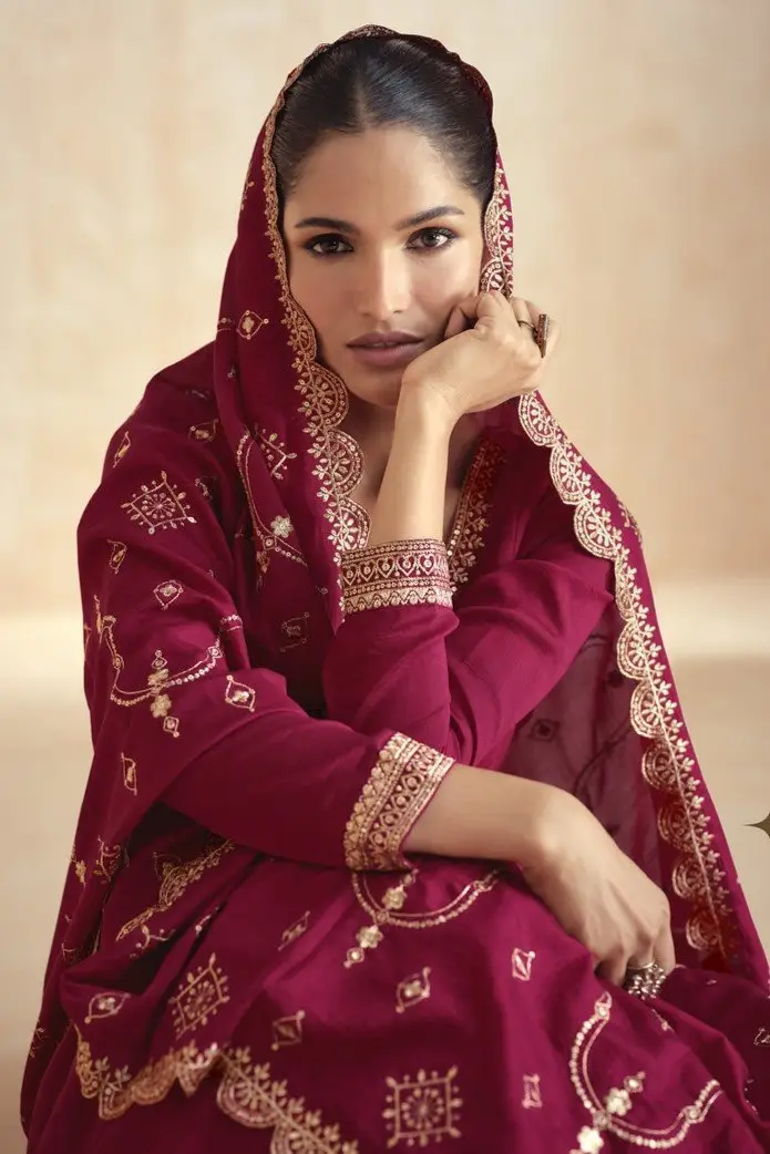 Enhance Your Essence with Maroon Silk Anarkali Suit With Golden Embroidered Dupatta image 4