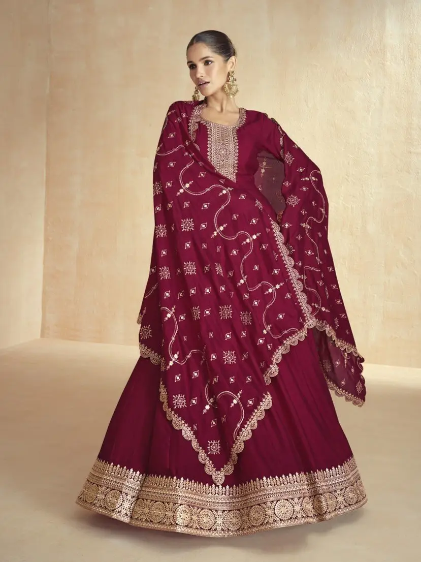 Enhance Your Essence with Maroon Silk Anarkali Suit With Golden Embroidered Dupatta image 2