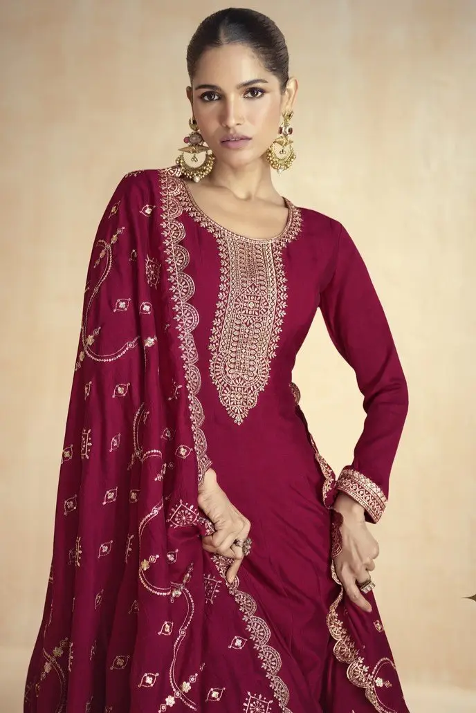 Enhance Your Essence with Maroon Silk Anarkali Suit With Golden Embroidered Dupatta image 3