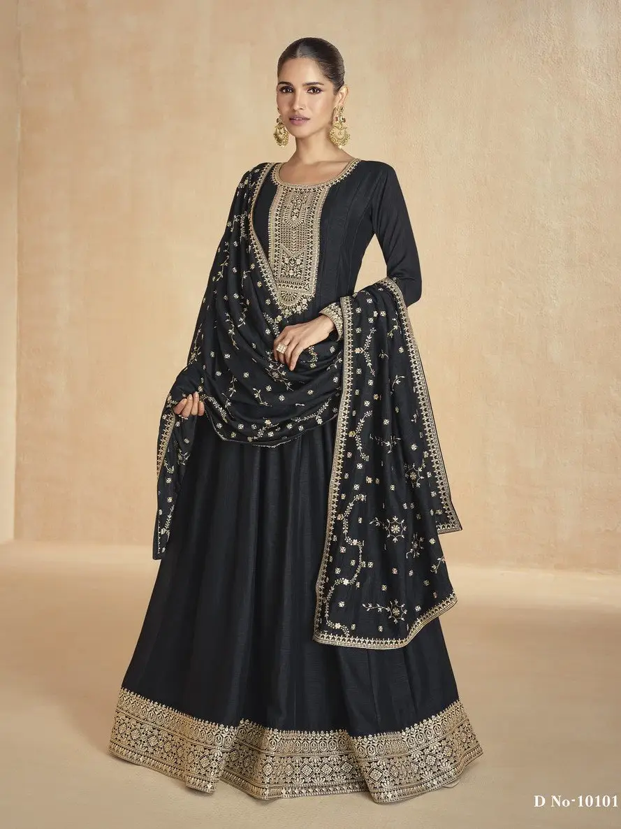 Time to Shine with Black Silk Anarkali Suit With Golden Embroidered Dupatta