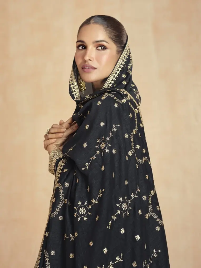 Time to Shine with Black Silk Anarkali Suit With Golden Embroidered Dupatta image 2