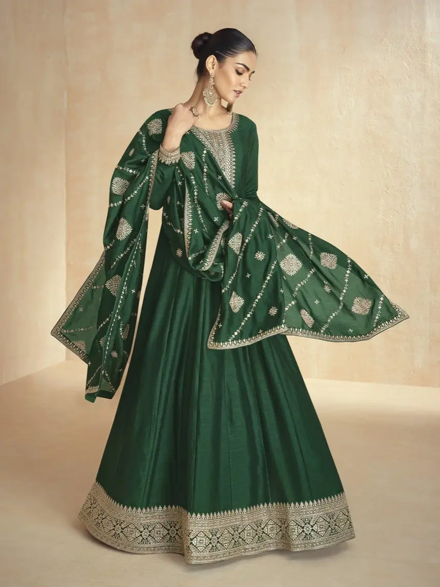 Elevate Your Aura with Green Silk Anarkali Suit With Golden Embroidered Dupatta