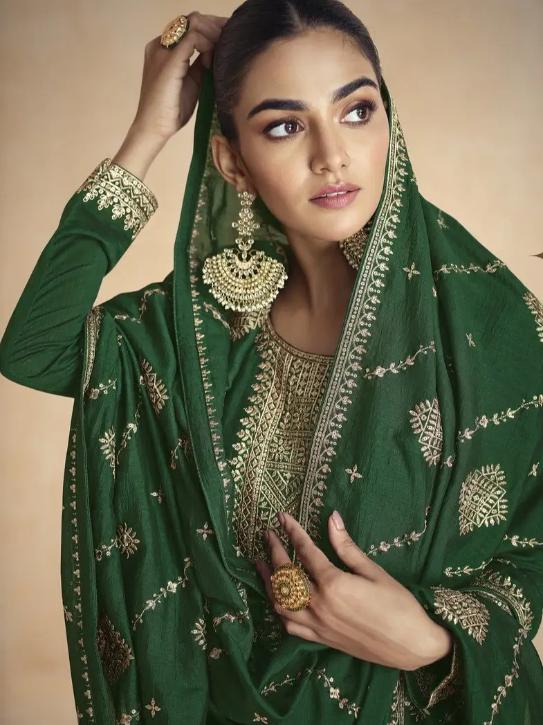 Elevate Your Aura with Green Silk Anarkali Suit With Golden Embroidered Dupatta image 2