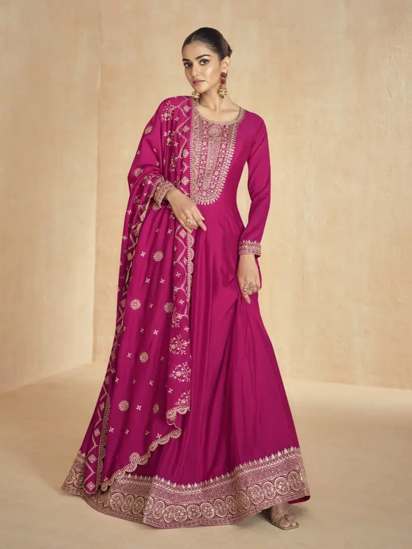 Rock the Glam with Magenta Pink Silk Anarkali Suit With Golden Embroidered Dupatta image 2