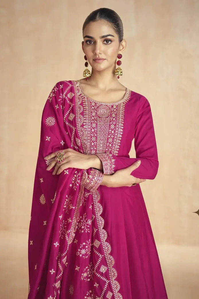 Rock the Glam with Magenta Pink Silk Anarkali Suit With Golden Embroidered Dupatta image 3