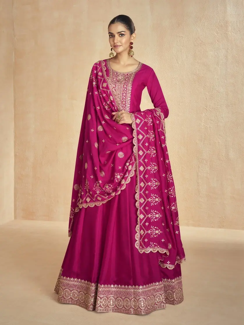 Rock the Glam with Magenta Pink Silk Anarkali Suit With Golden Embroidered Dupatta