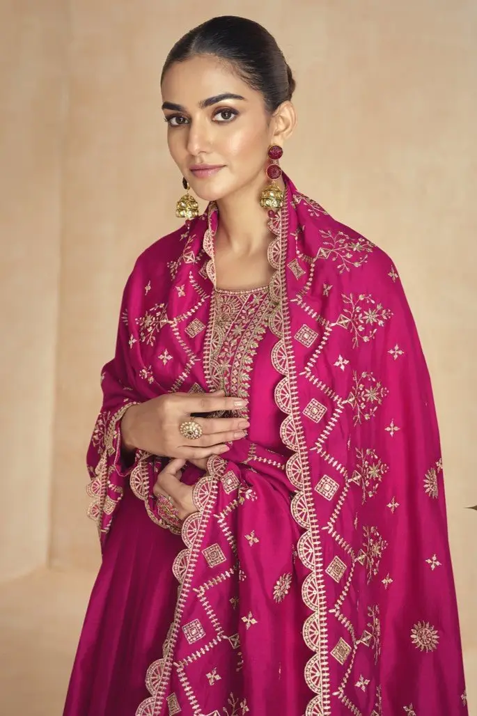 Rock the Glam with Magenta Pink Silk Anarkali Suit With Golden Embroidered Dupatta image 4