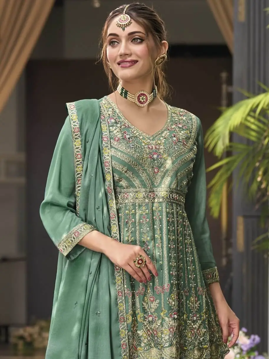 Rock the Glam with Green Chinnon Embroidered Sharara Style Suit Set image 3