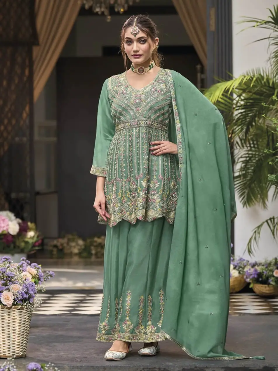 Rock the Glam with Green Chinnon Embroidered Sharara Style Suit Set