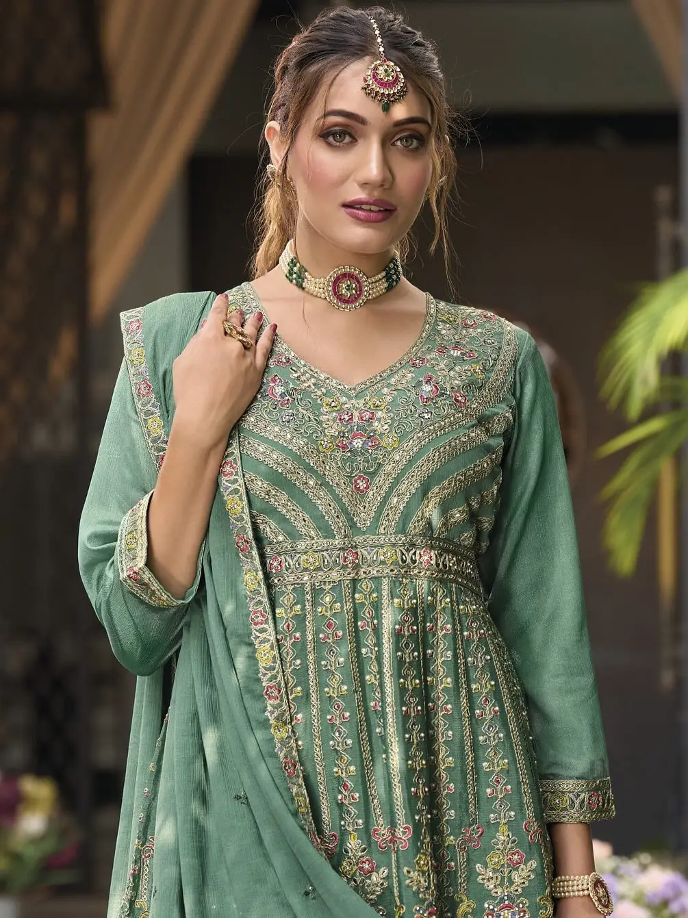 Rock the Glam with Green Chinnon Embroidered Sharara Style Suit Set image 2