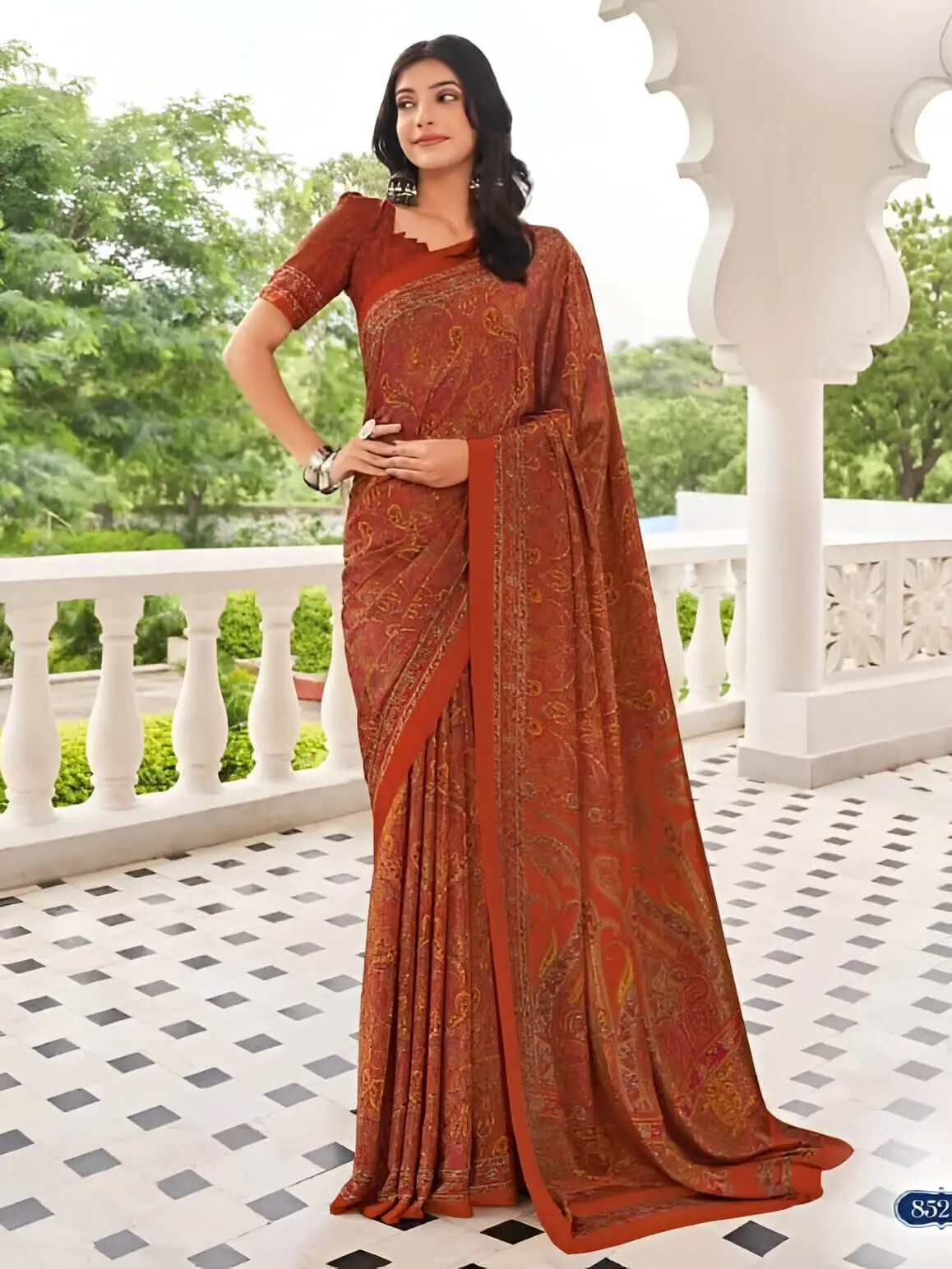 Step Into Elegance with Rust Digital Printed Crepe Silk Saree