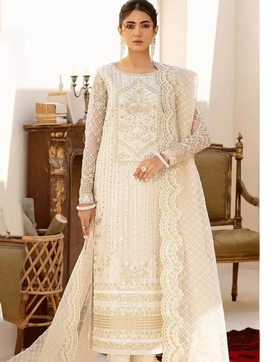Chic and Sleek with Beige Georgette Embroidered Suit Set