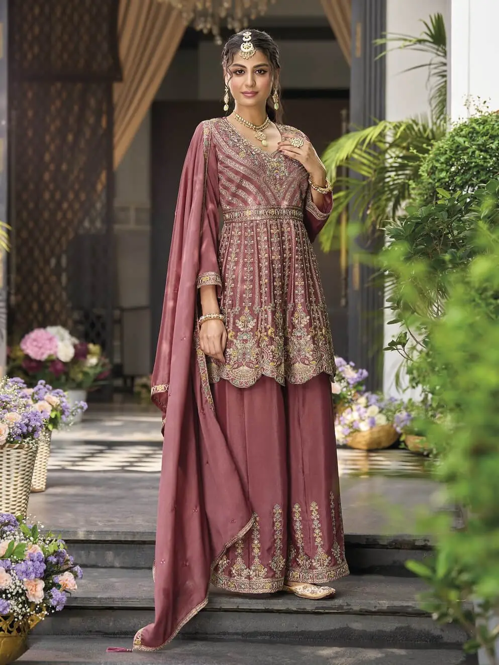 Gild Your Glamour with Mauve Chinnon Embroidered Sharara Style Suit Set