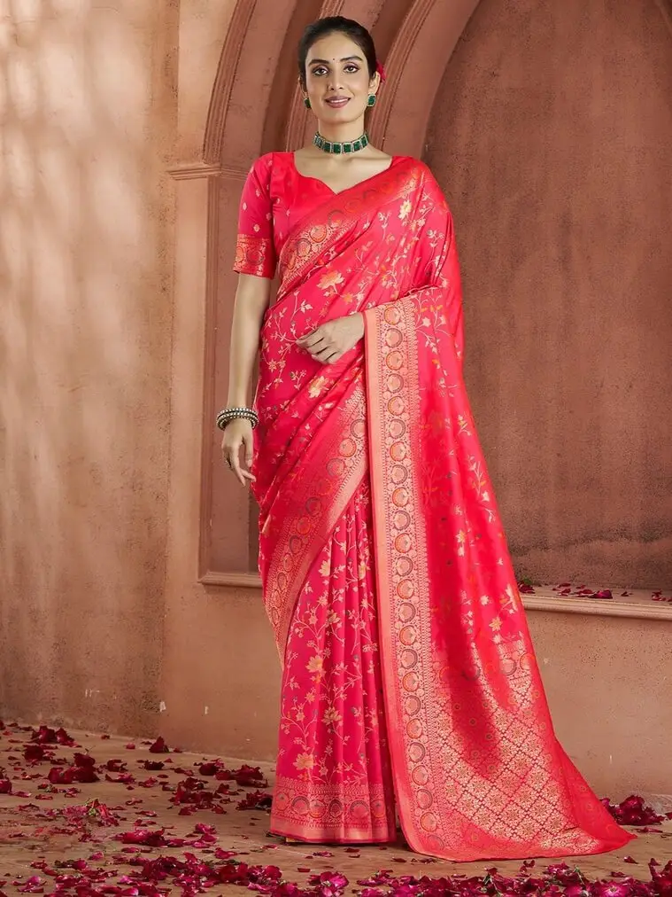 Rock the Glam with Pinkish Red Zari Woven Banarasi Silk Saree