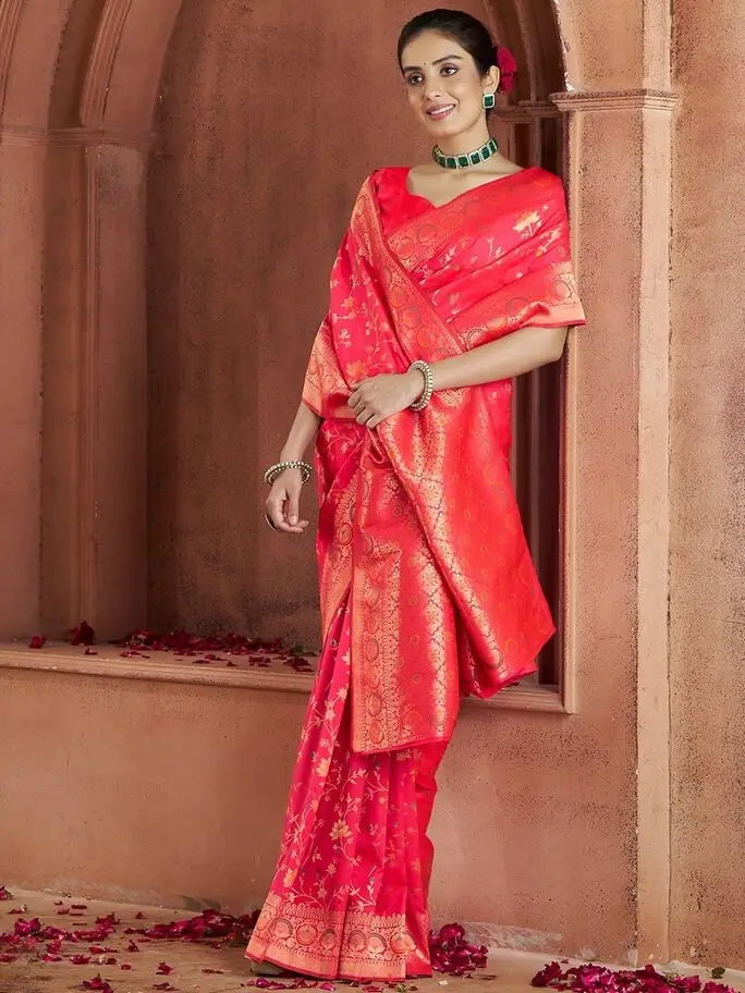 Rock the Glam with Pinkish Red Zari Woven Banarasi Silk Saree image 2