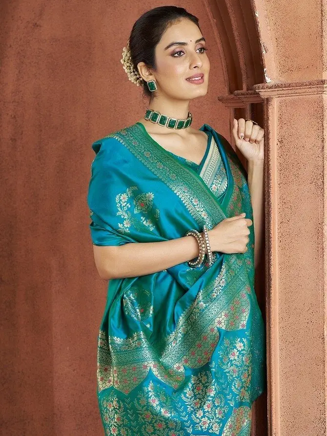 Rock the Glam with Peacock Blue Zari Woven Banarasi Silk Saree image 3