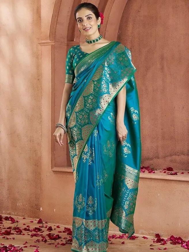 Rock the Glam with Peacock Blue Zari Woven Banarasi Silk Saree image 2