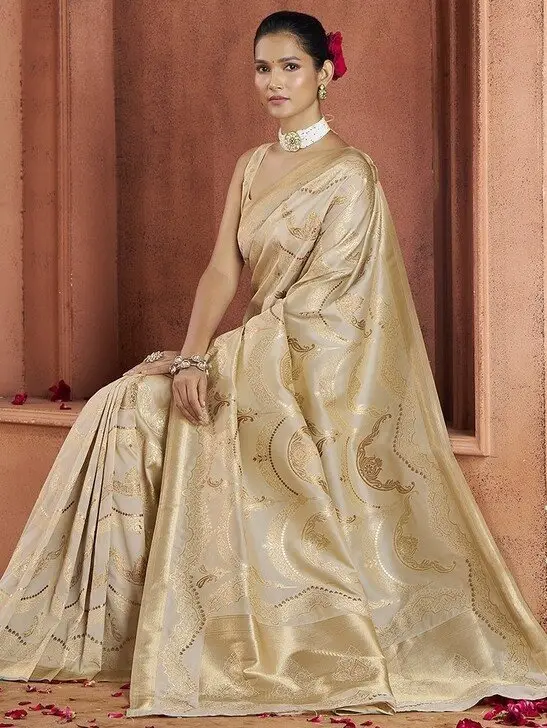Gild Your Glamour with Beige Zari Woven Banarasi Silk Saree image 2