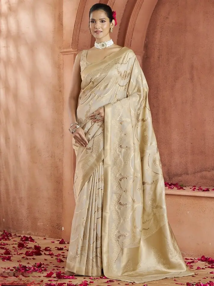 Gild Your Glamour with Beige Zari Woven Banarasi Silk Saree