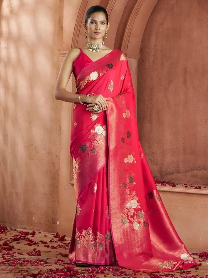 Enhance Your Essence with Pinkish Red Zari Woven Banarasi Silk Saree