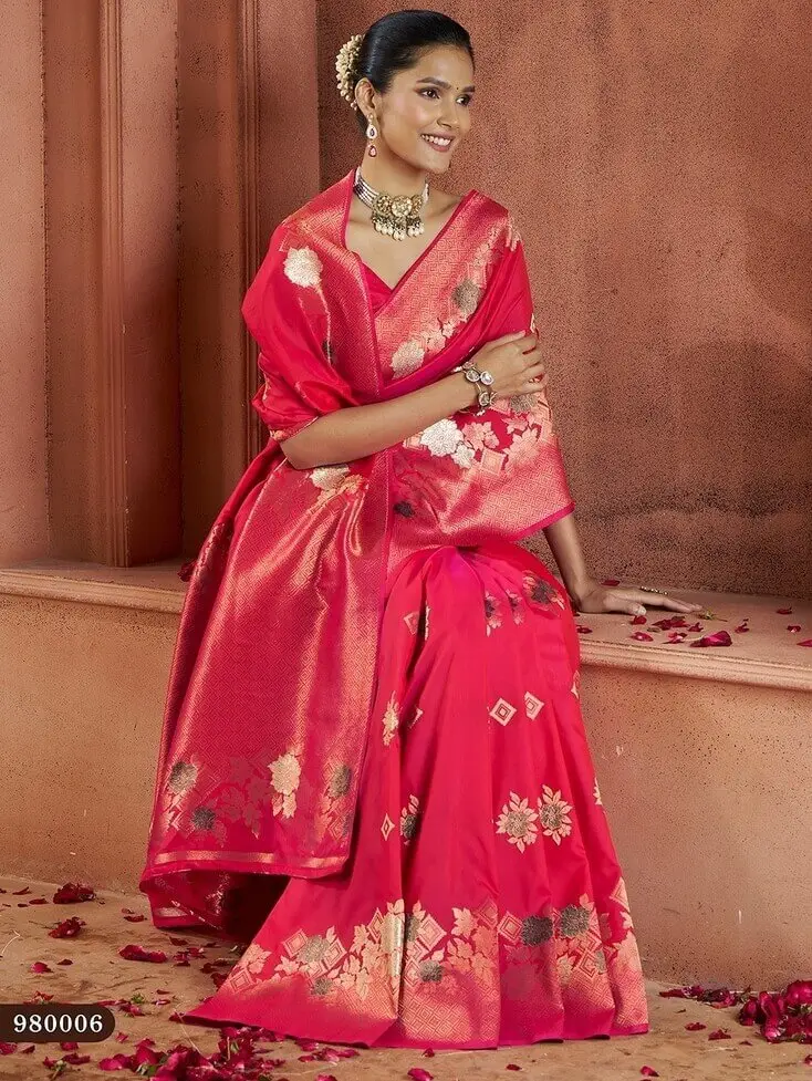 Enhance Your Essence with Pinkish Red Zari Woven Banarasi Silk Saree image 2
