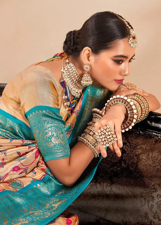 Turn Up the Glam with Beige And Teal Blue Zari Weaving Tissue Silk Saree image 2
