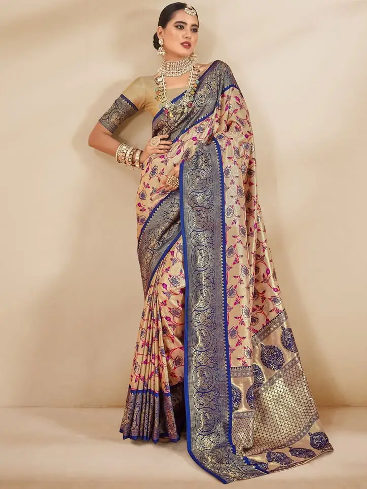 Turn Up the Glam with Beige And Blue Zari Weaving Tissue Silk Saree