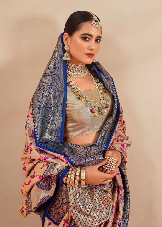 Turn Up the Glam with Beige And Blue Zari Weaving Tissue Silk Saree image 2