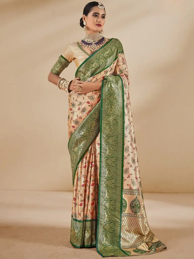 Turn Up the Glam with Beige And Green Zari Weaving Tissue Silk Saree