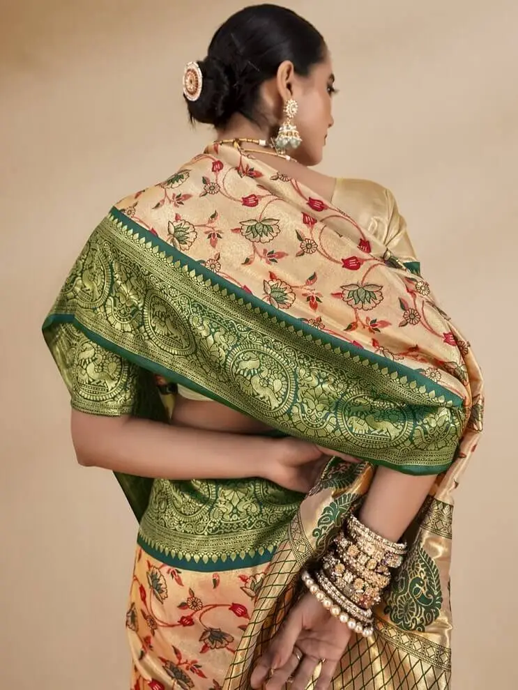 Turn Up the Glam with Beige And Green Zari Weaving Tissue Silk Saree image 2