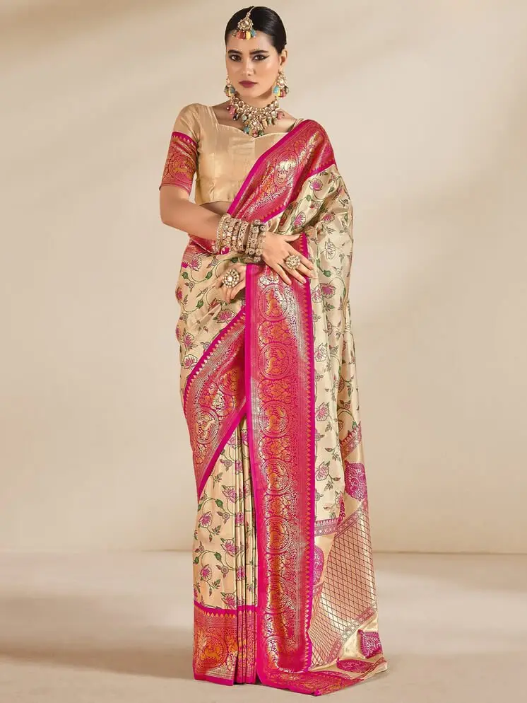 Feel the Glamour with Beige And Magenta Pink Zari Weaving Tissue Silk Saree