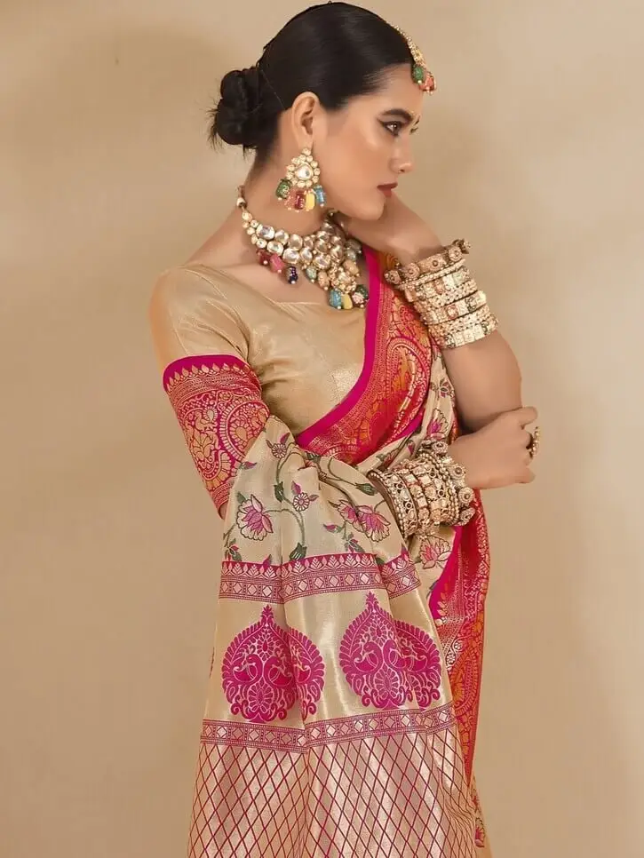 Feel the Glamour with Beige And Magenta Pink Zari Weaving Tissue Silk Saree image 2