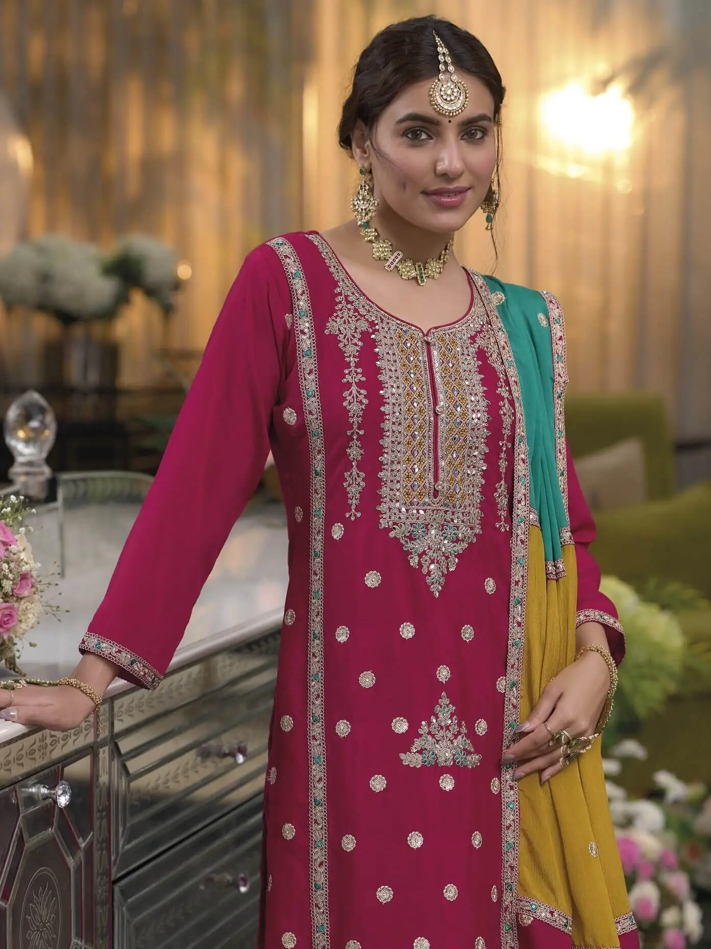 Chic and Sleek with Magenta Pink Chinnon Embroidered Salwar Suit Set image 3