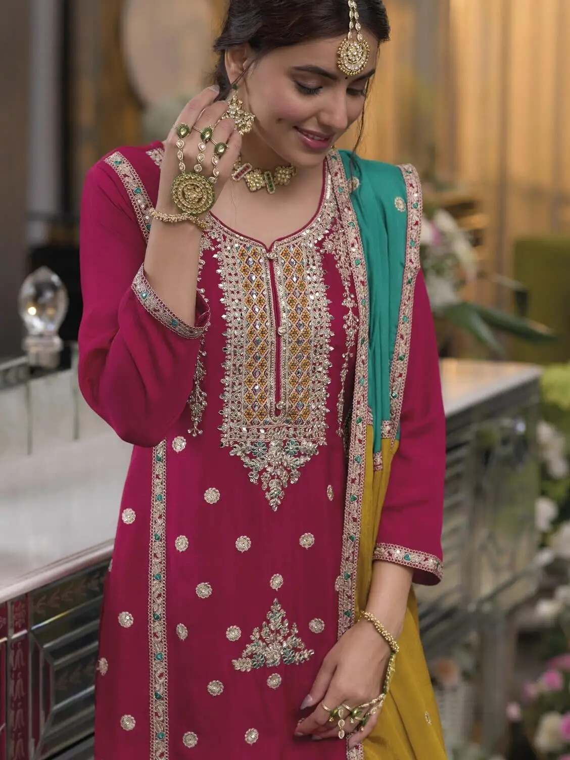 Chic and Sleek with Magenta Pink Chinnon Embroidered Salwar Suit Set image 4