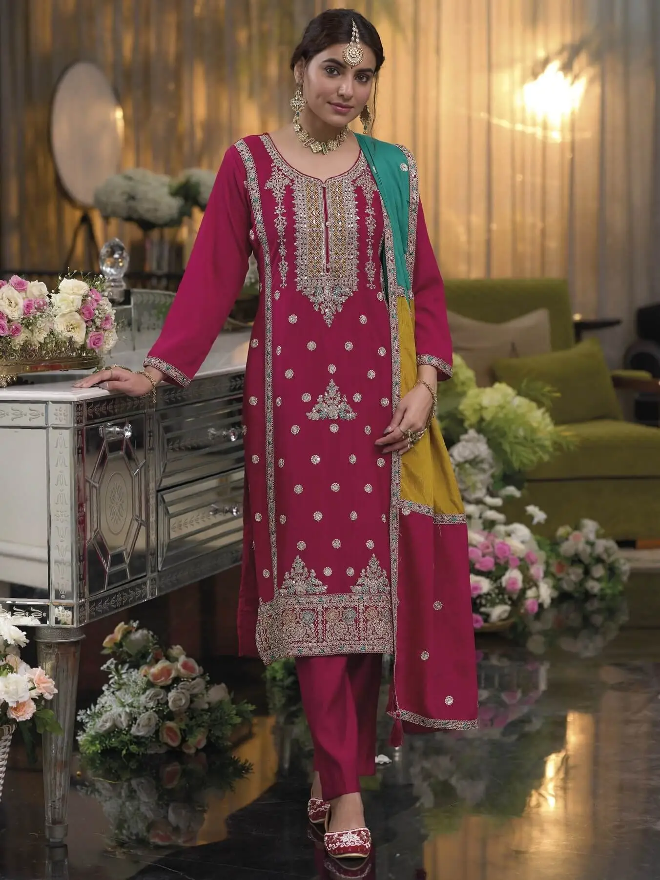 Chic and Sleek with Magenta Pink Chinnon Embroidered Salwar Suit Set image 2