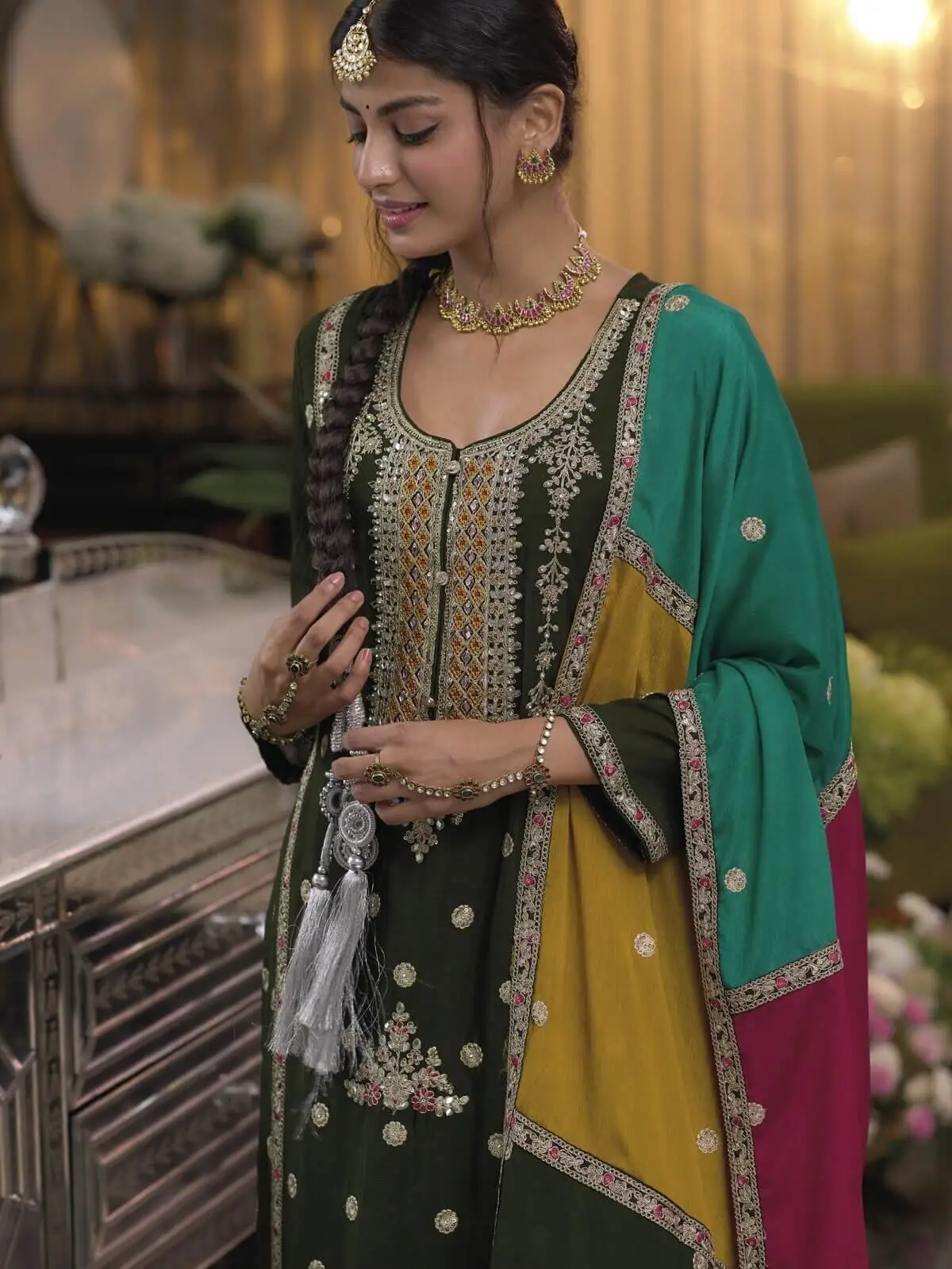 Gild Your Glamour with Dark Olive Green Chinnon Embroidered Salwar Suit Set image 3