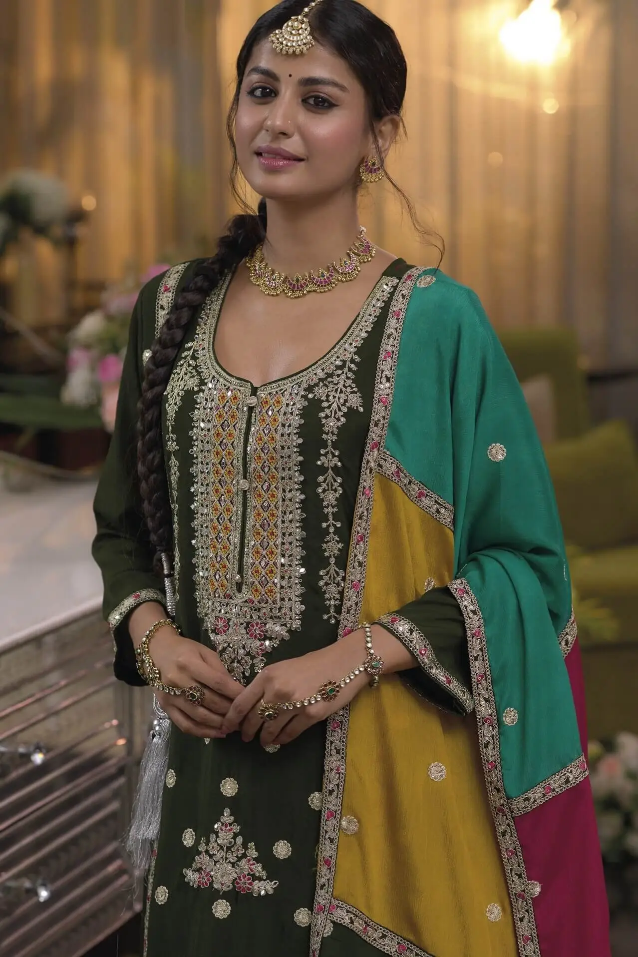 Gild Your Glamour with Dark Olive Green Chinnon Embroidered Salwar Suit Set image 4