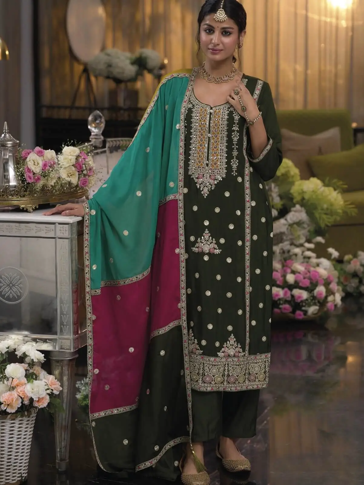 Gild Your Glamour with Dark Olive Green Chinnon Embroidered Salwar Suit Set