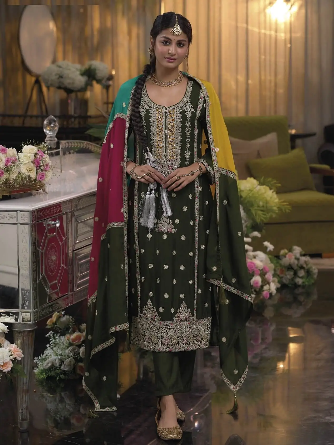 Gild Your Glamour with Dark Olive Green Chinnon Embroidered Salwar Suit Set image 2