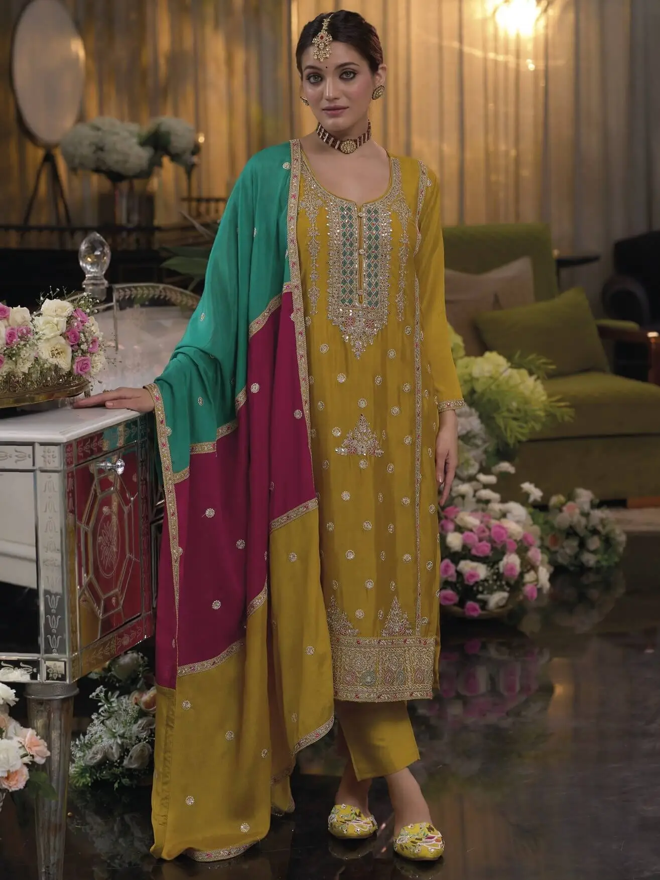 Elevate Your Look with Yellow Chinnon Embroidered Salwar Suit Set
