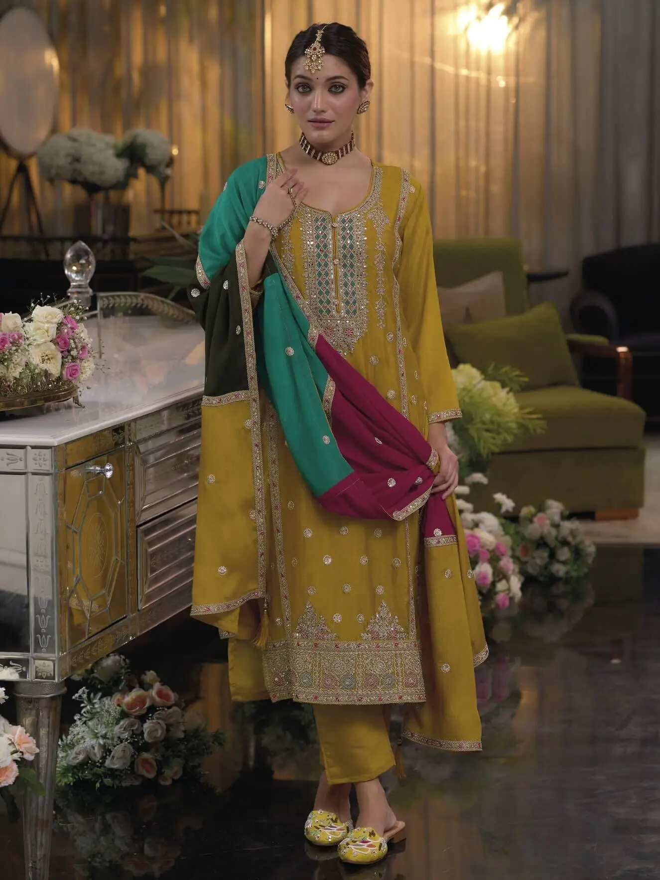 Elevate Your Look with Yellow Chinnon Embroidered Salwar Suit Set image 2