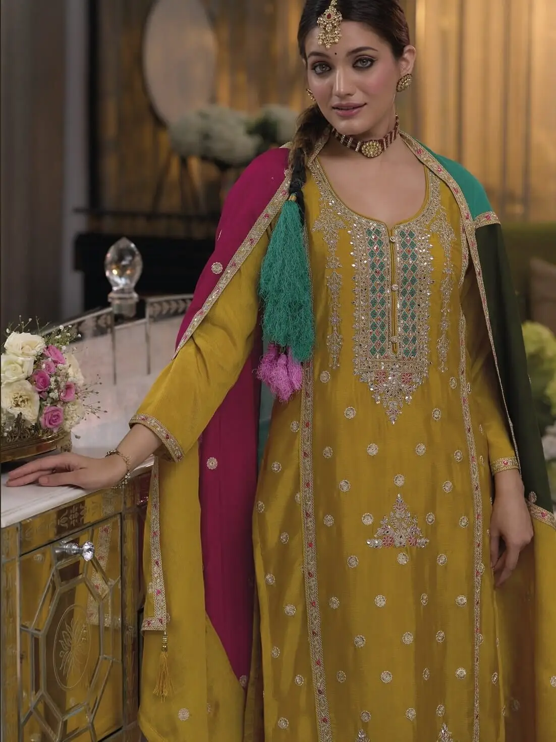 Elevate Your Look with Yellow Chinnon Embroidered Salwar Suit Set image 3